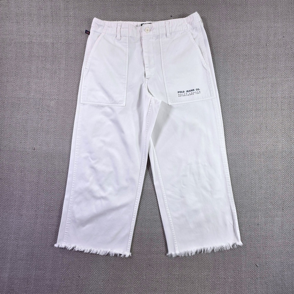 Polo Jeans Co Ralph Lauren Cropped Pants Women 6 White EUC Frayed Wide Leg